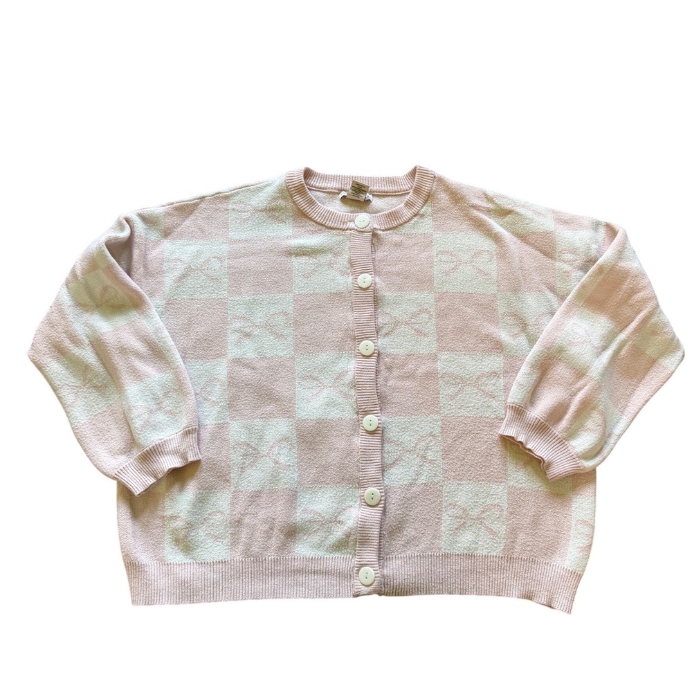 Sincerely Jules Pink Checkered Bow Cardigan Sweater‎ Womens Large Button Front